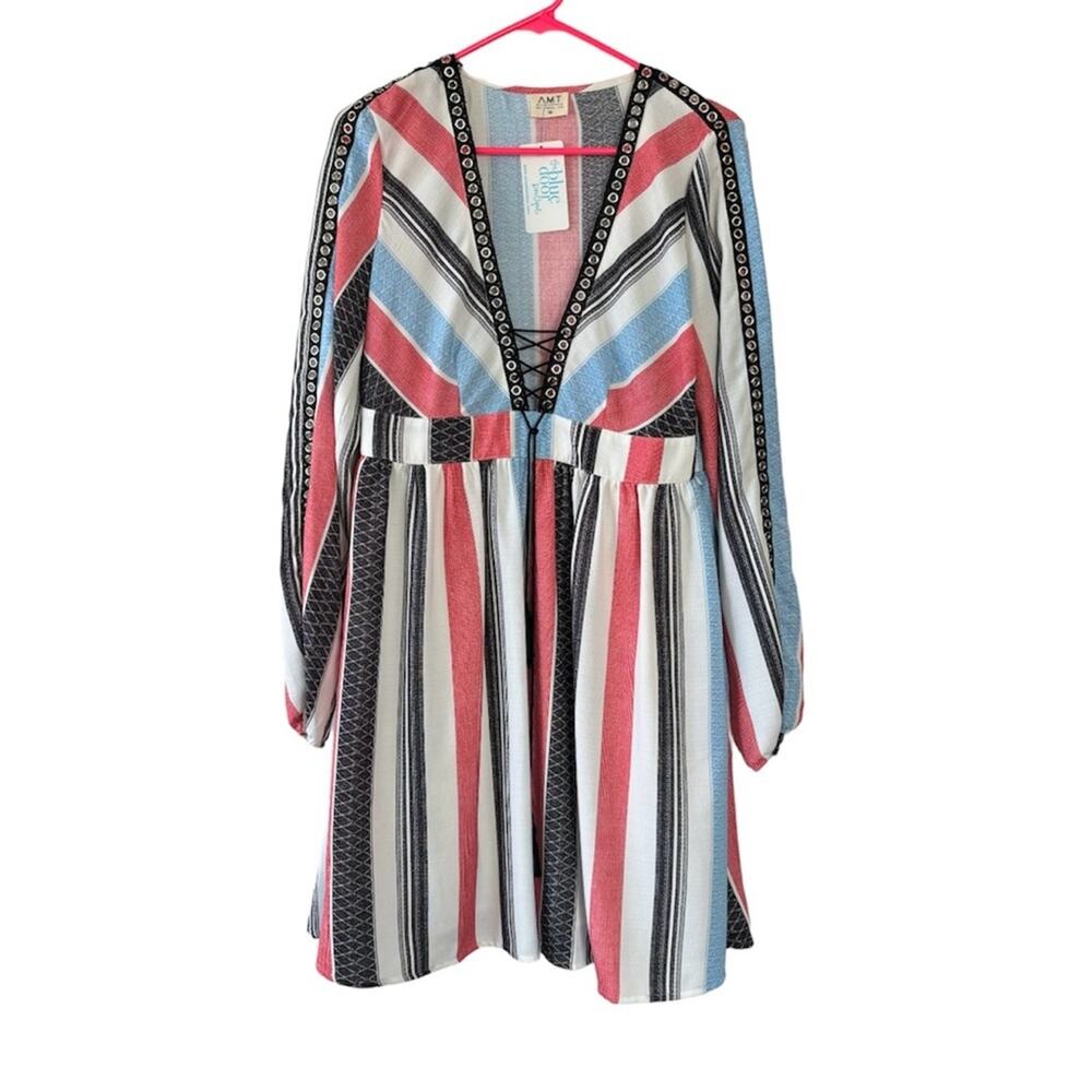 AMT Gypsy Gal Striped Long Sleeve V-Neck Grommet Mini Dress Size Medium NWT